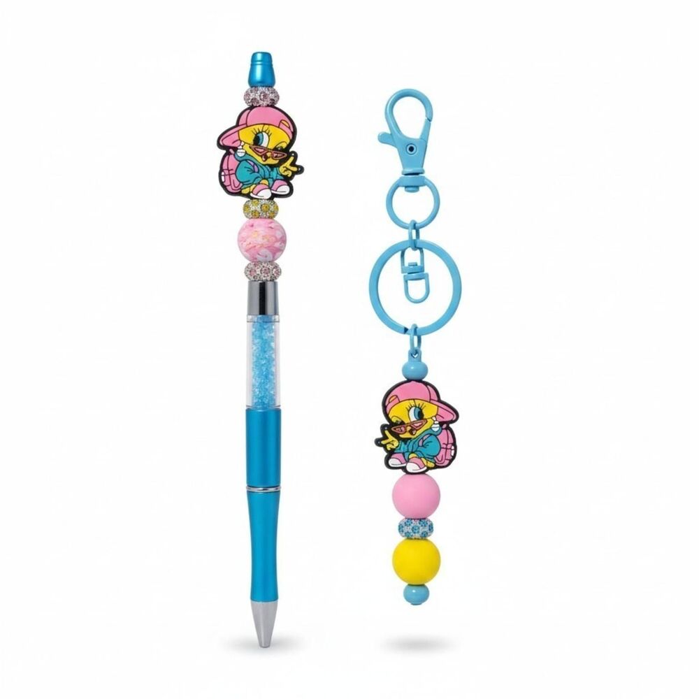 Rhinestone Beaded  Yellow Bird Pen & Keychain Set, Blue Pink Y2K Bag Charm